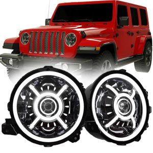 9 Nti Round JL LED Lub Taub Hau Teeb Ncaj Qha Rau Jeep Wrangler JL Rubicon Sahala