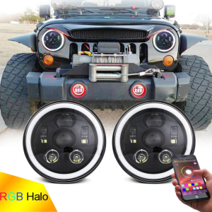 RGB Halo LED Taws Teeb 7 Nti Rau Jeep Wrangler JK JL Ntau Haujlwm RGB Headlamp